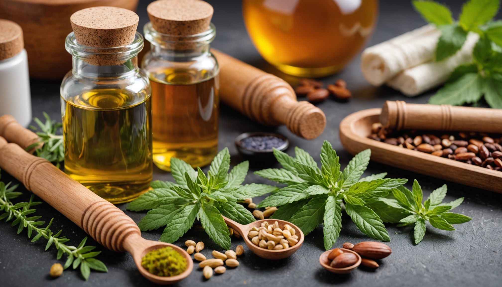 Herbal plants, healthy foods, and lifestyle symbols representing natural remedies for potency and men’s sexual health